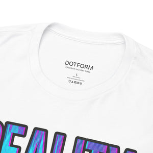 White t-shirt with colorful text design and 'DOTFORM' branding on a white background