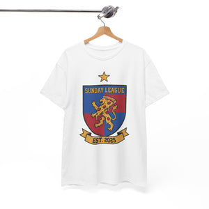 White t-shirt with a colorful logo on a hanger against a white background