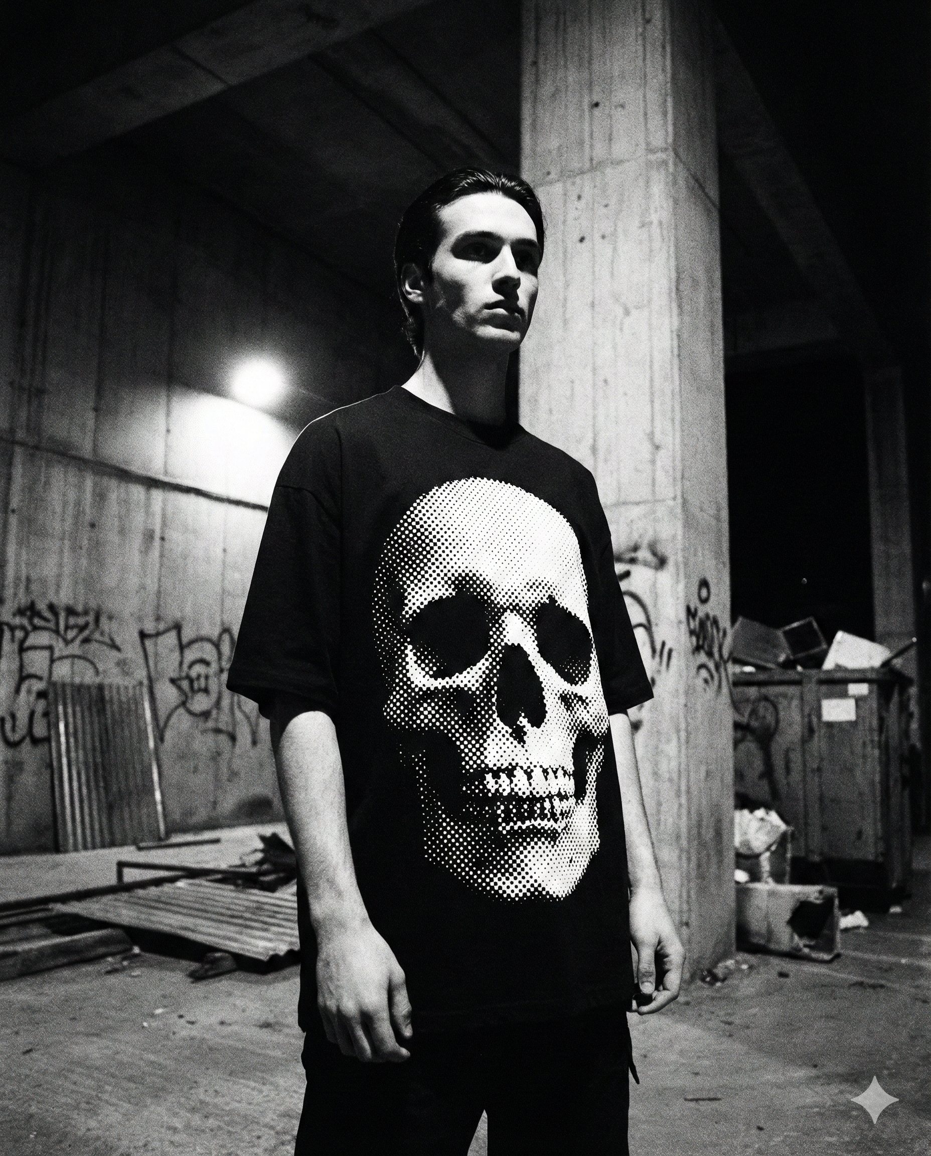 Person wearing a black t-shirt with a skull design in an urban setting