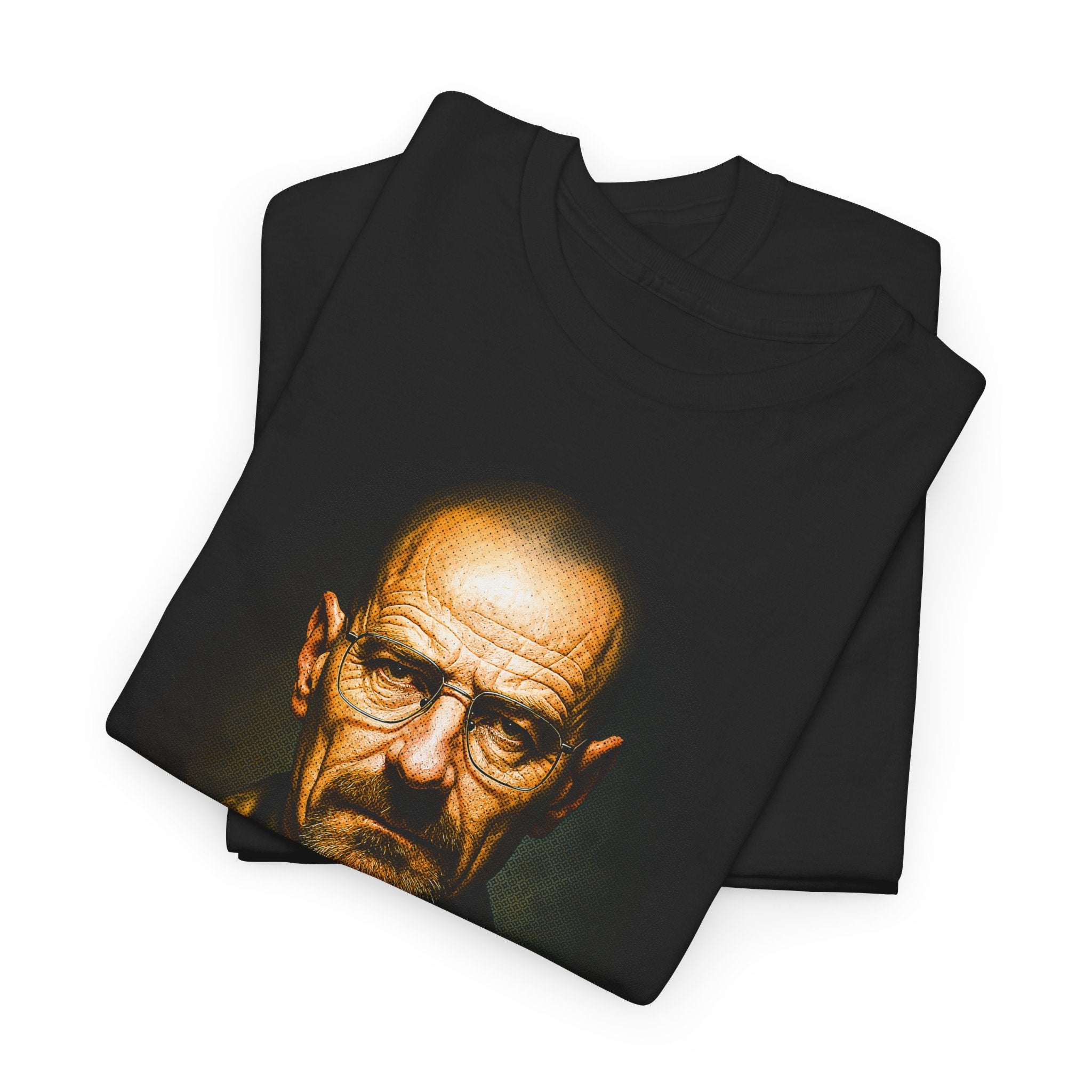 Black t-shirt with a graphic of a man's face on a white background