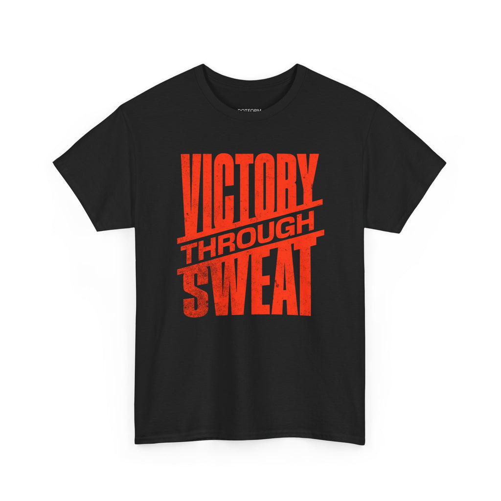 Black t-shirt with red text 'VICTORY THROUGH SWEAT' on a white background