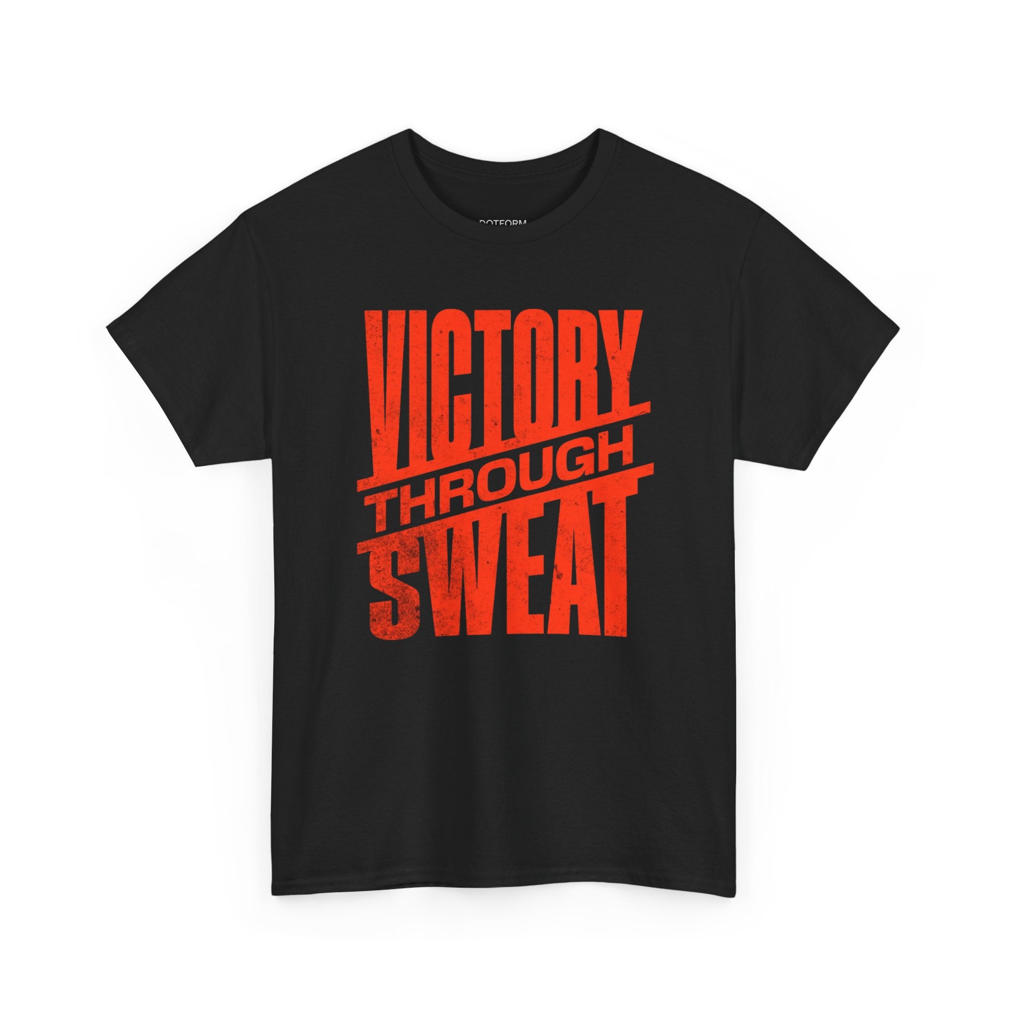 Black t-shirt with red text 'VICTORY THROUGH SWEAT' on a white background