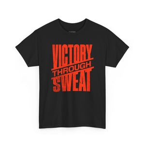 Black t-shirt with red text 'VICTORY THROUGH SWEAT' on a white background