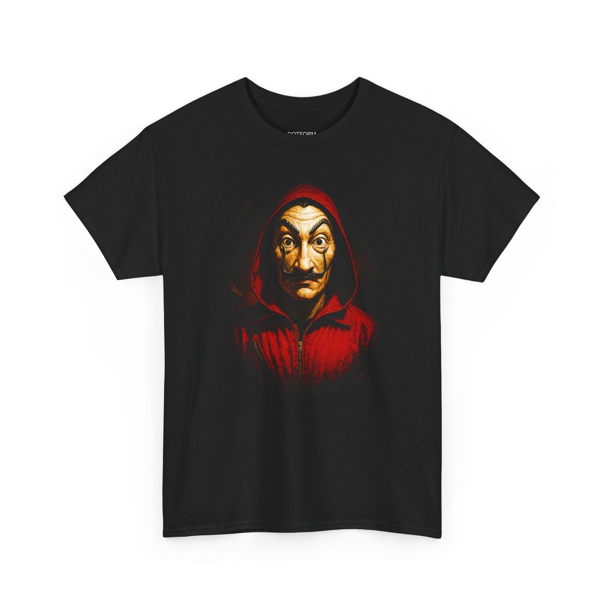 Black t-shirt with a graphic of a character in a red hood on a white background