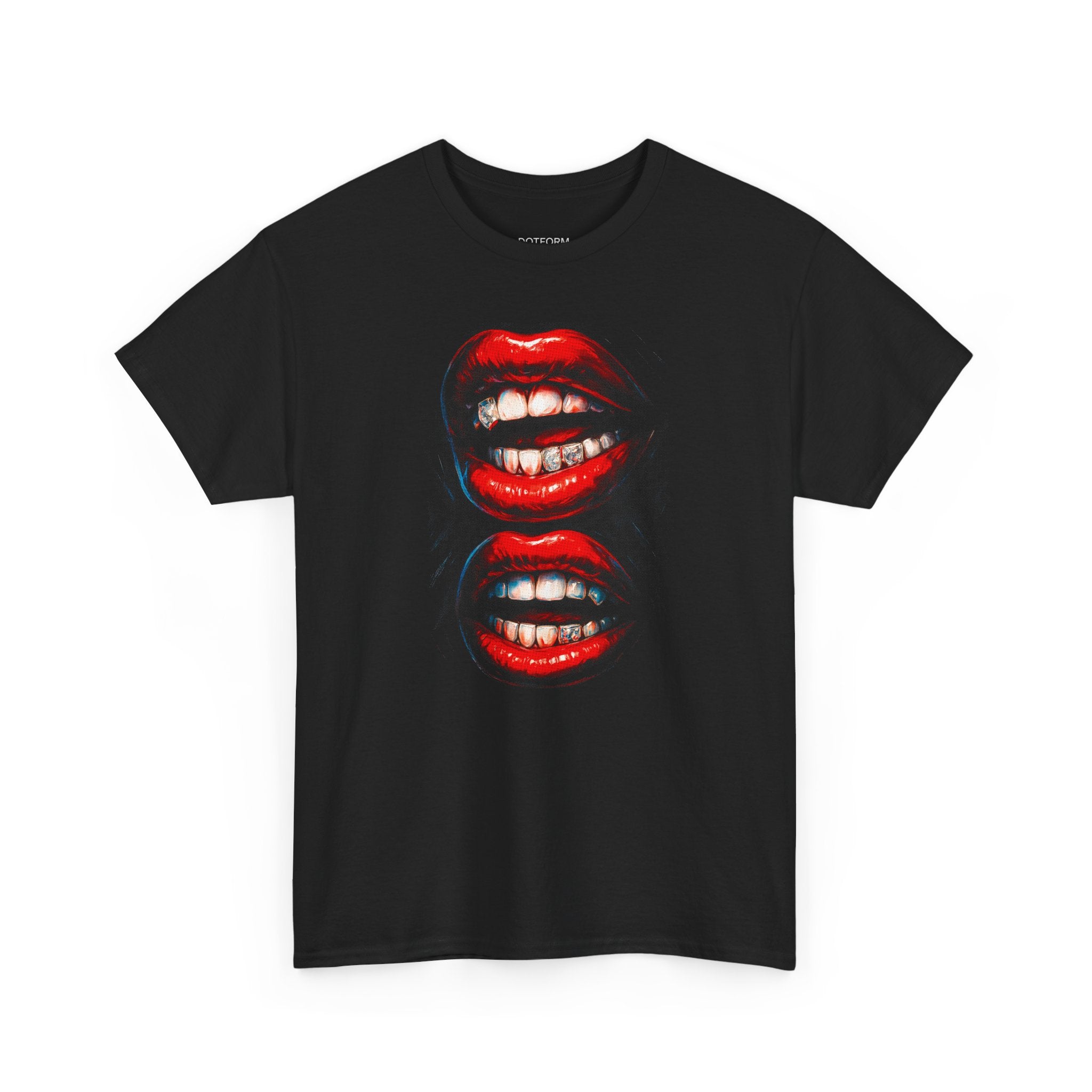 Black t-shirt with graphic of red lips on a white background