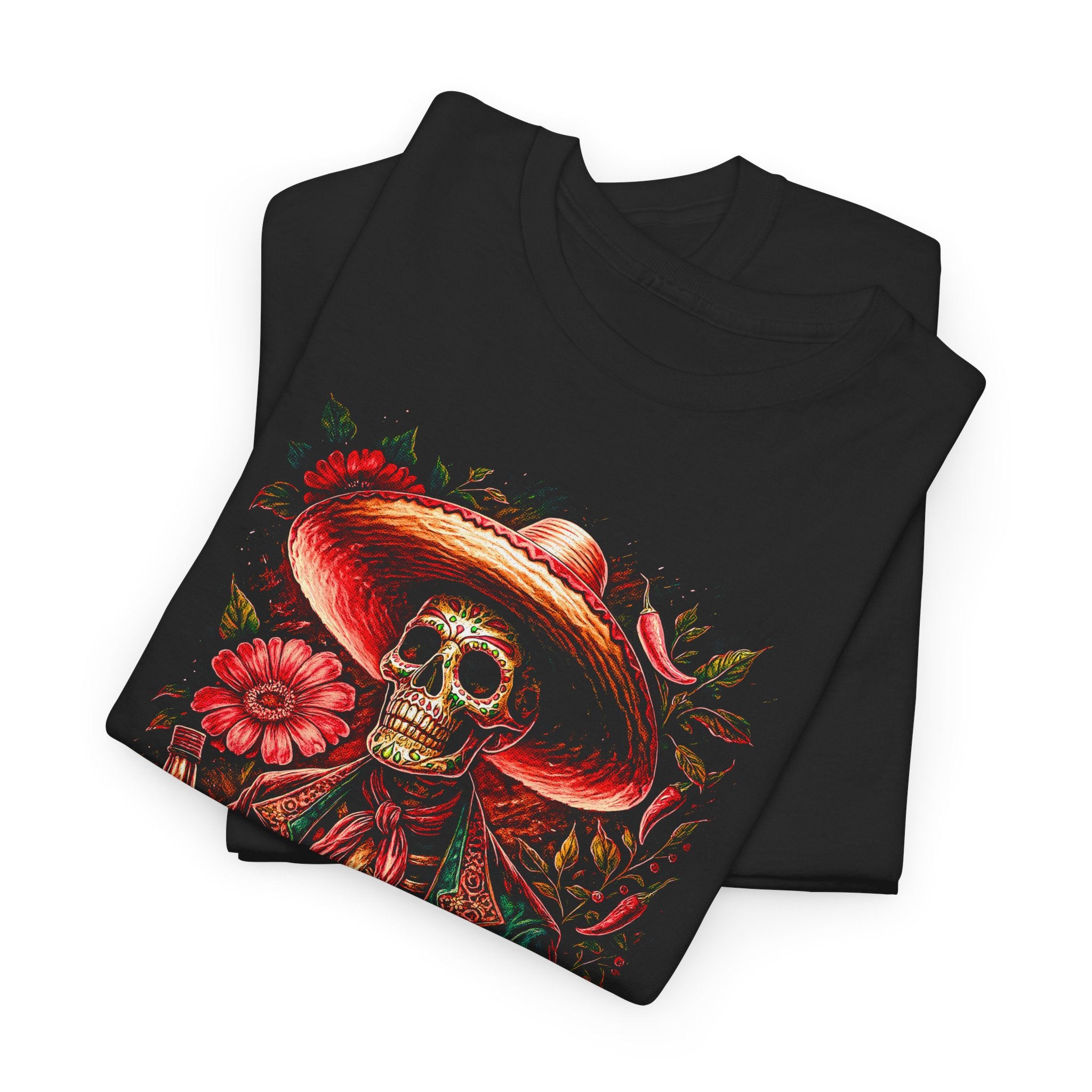 Black t-shirt with a colorful skull and sombrero design on a white background