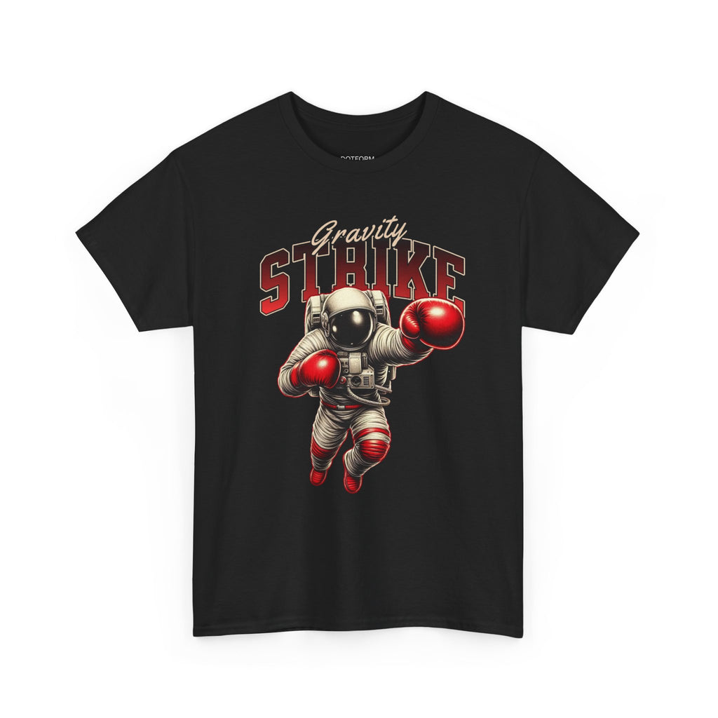 Black t-shirt with an astronaut graphic and 'Gravity Strike' text on a white background