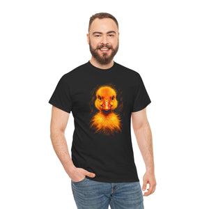 Man wearing a black t-shirt with a colorful duck design on a white background