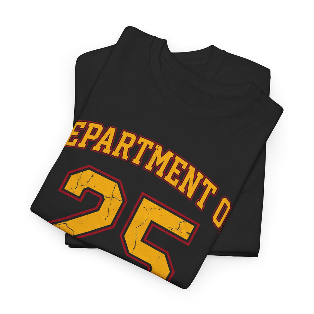 Black t-shirt with 'DEPARTMENT 35' printed in yellow and red on a white background
