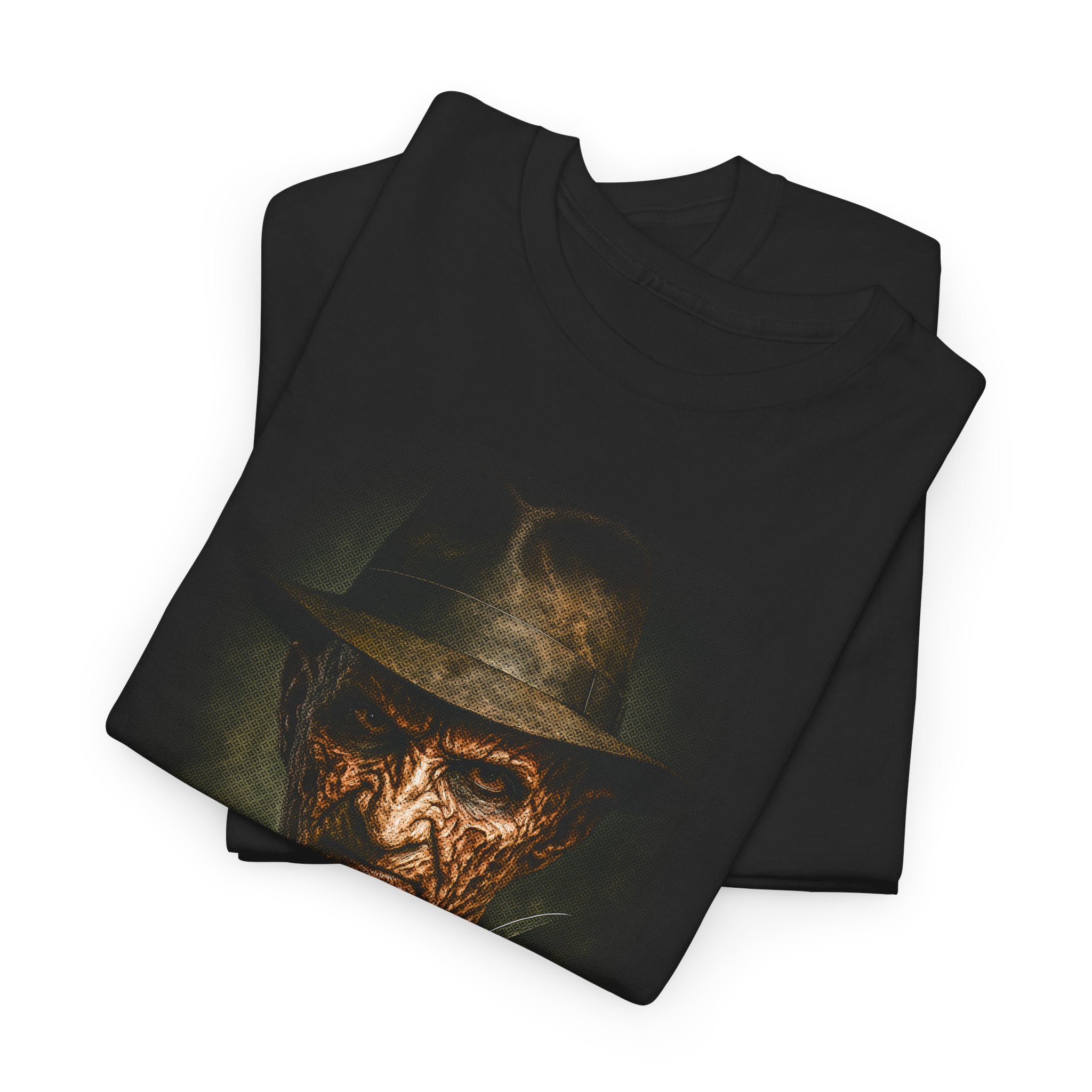 Black t-shirt with a graphic design of a character wearing a hat on a white background