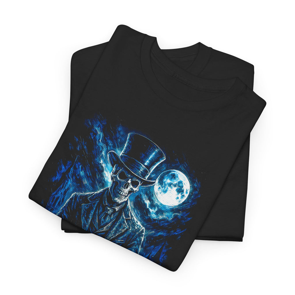 Black t-shirt with a blue graphic design of a skeleton wearing a top hat and sunglasses, holding a moon, on a white background.