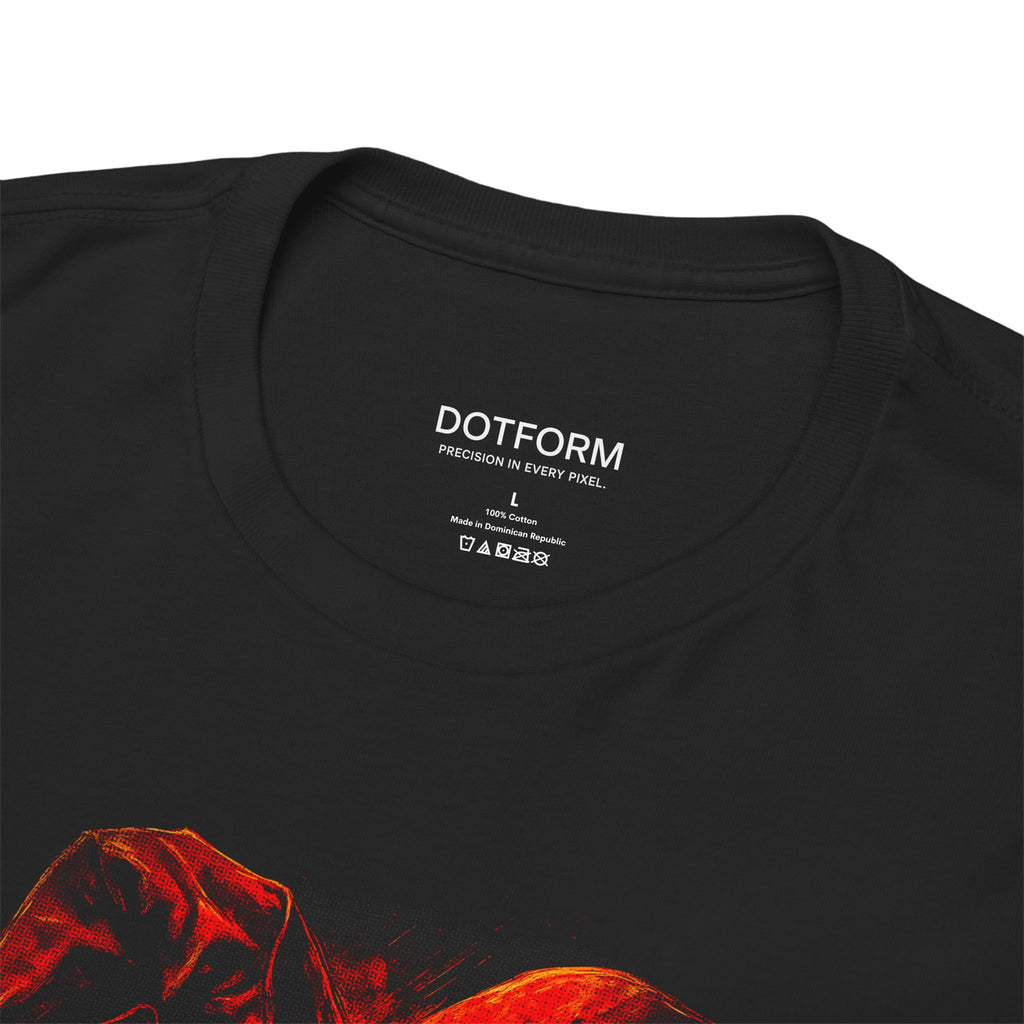 Black t-shirt with red graphic design and 'DOTFORM' branding on a white background