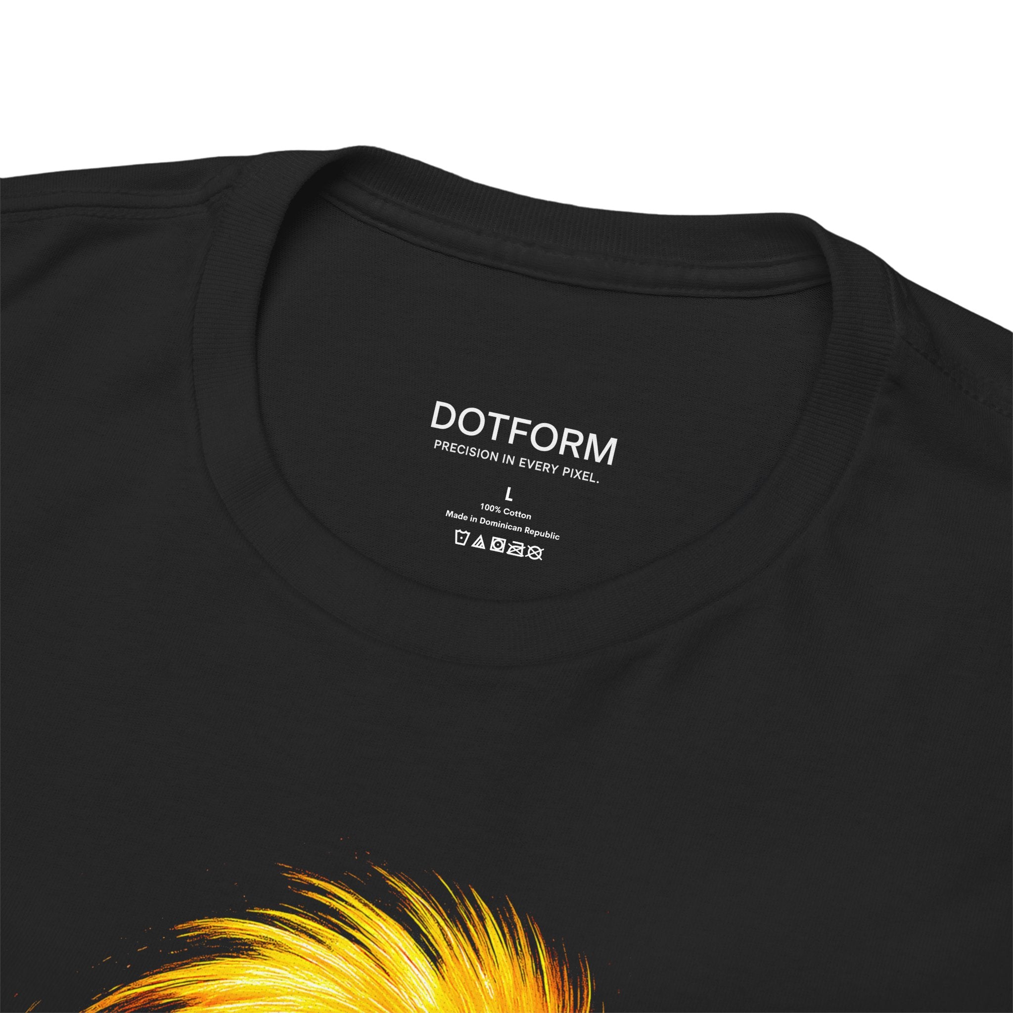 Black t-shirt with yellow feather design and 'DOTFORM' branding on a white background