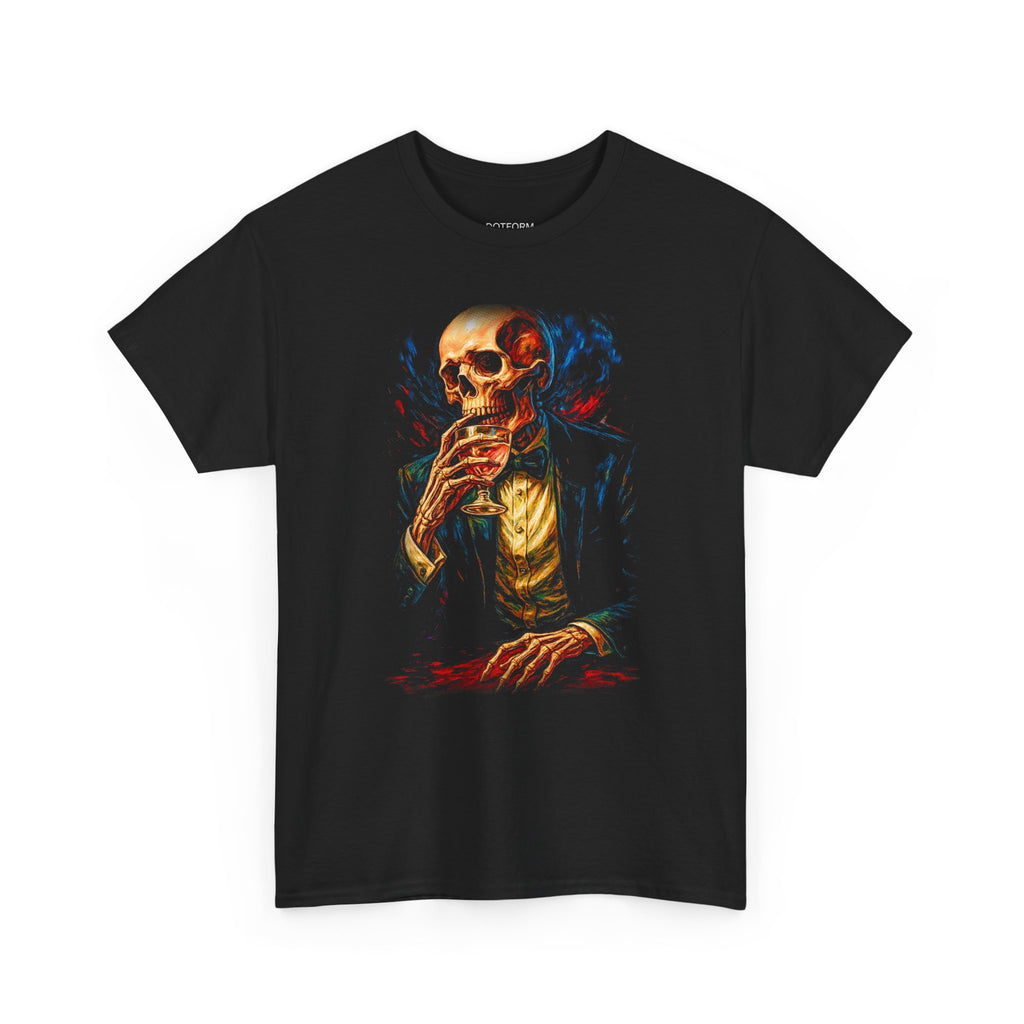 Black t-shirt with a graphic of a skeleton smoking a cigarette on a white background