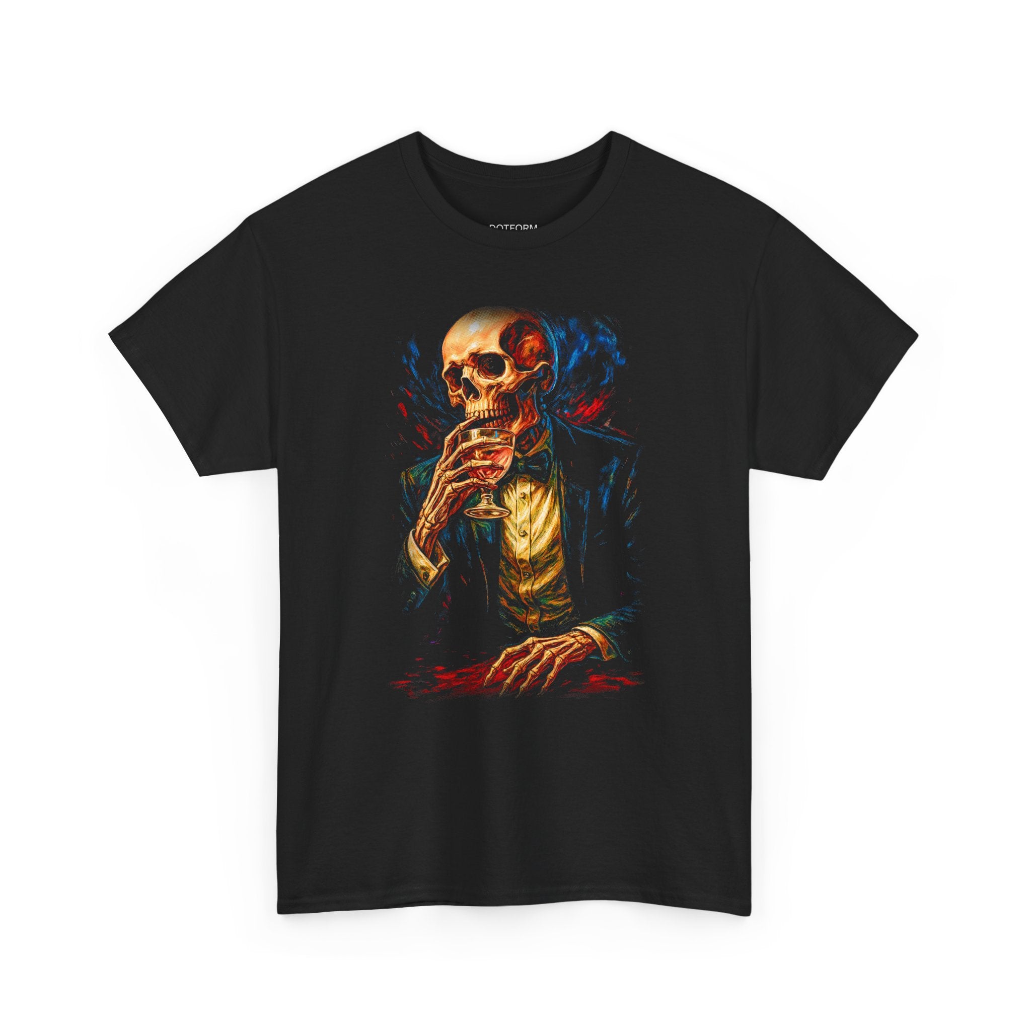 Black t-shirt with a graphic of a skeleton smoking a cigarette on a white background
