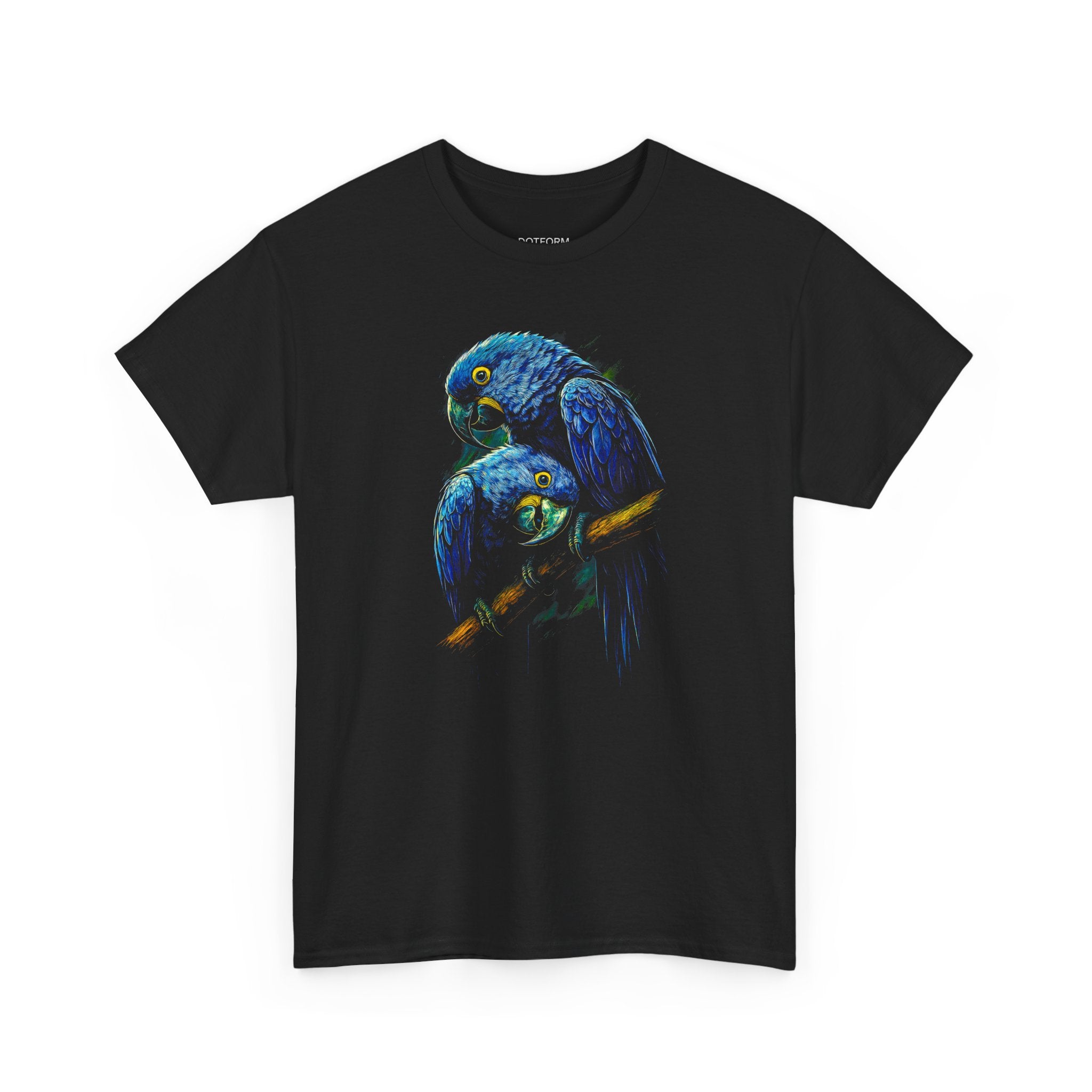 Black t-shirt with a graphic of two parrots on a white background