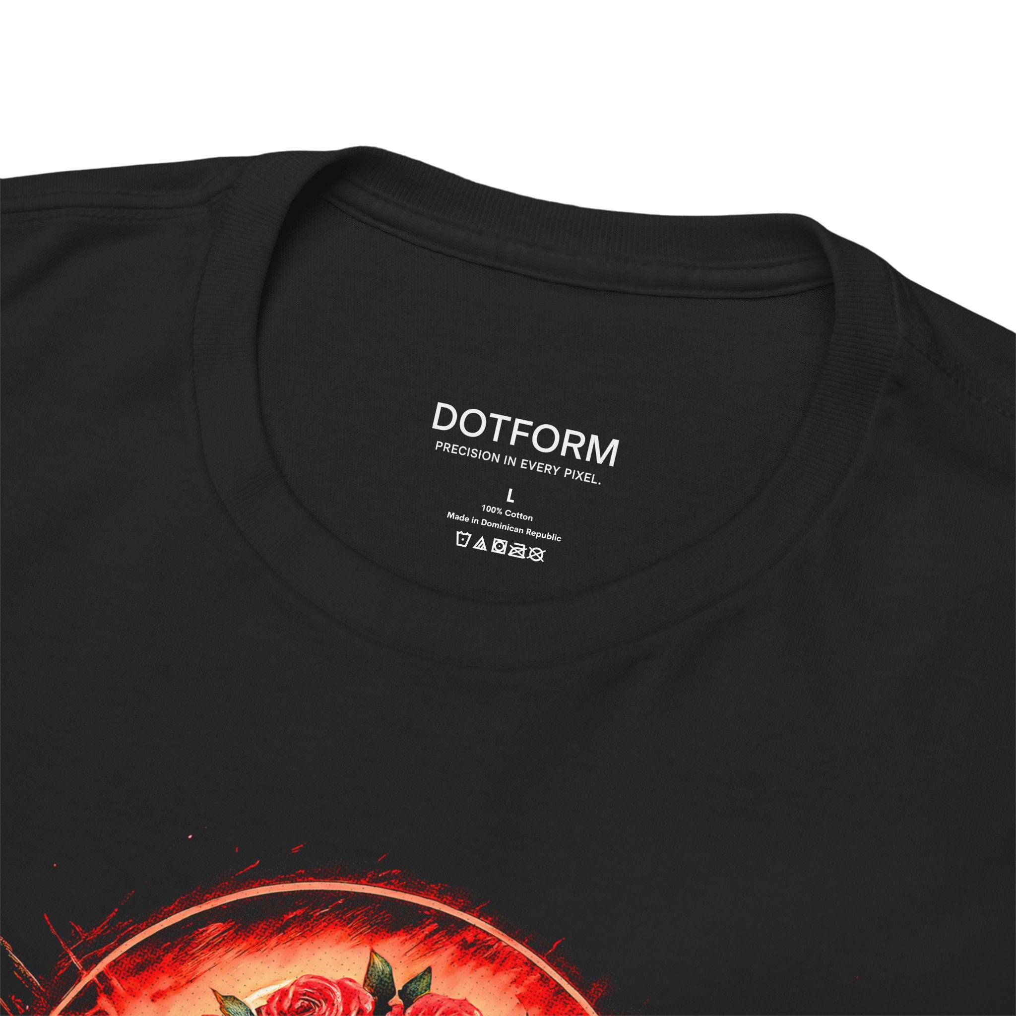 Black t-shirt with red graphic design and 'DOTFORM' branding on a white background