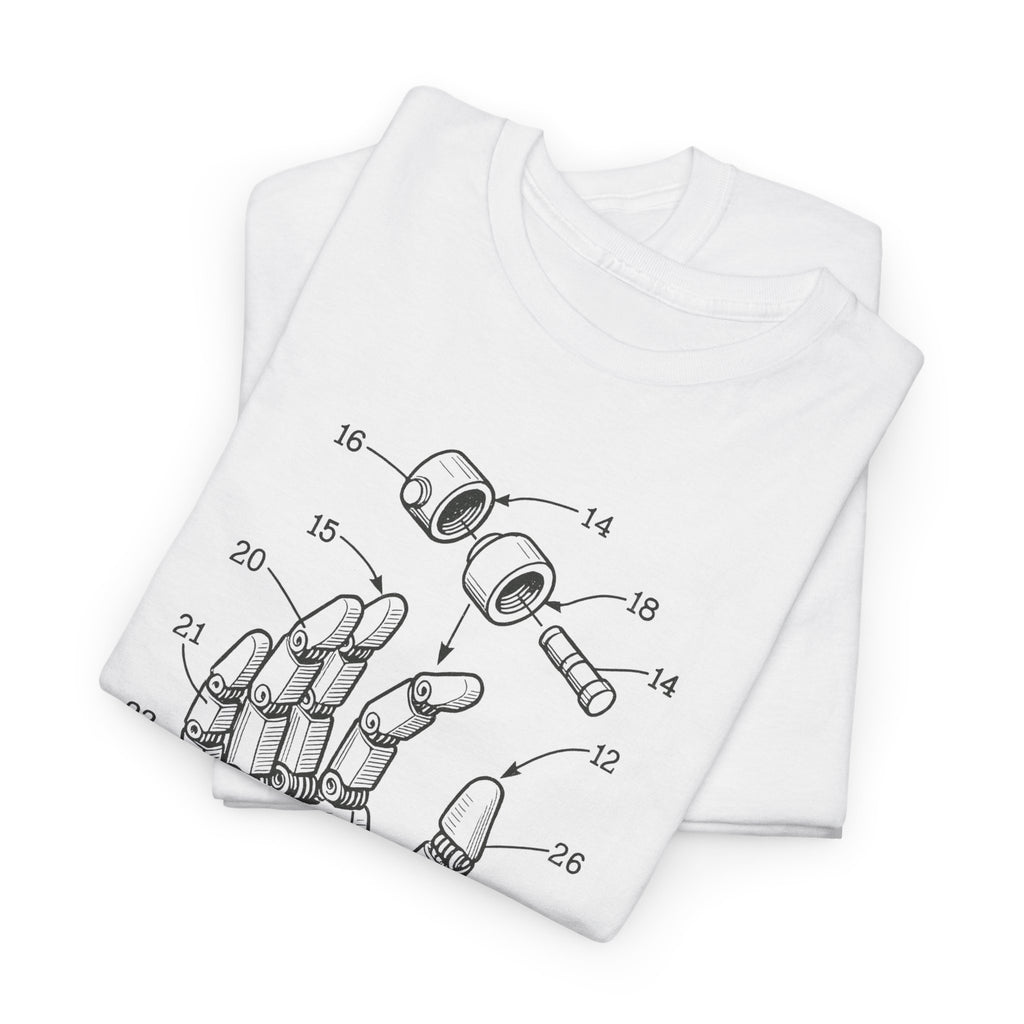White t-shirt with black patent-style graphic of mechanical parts on a white background