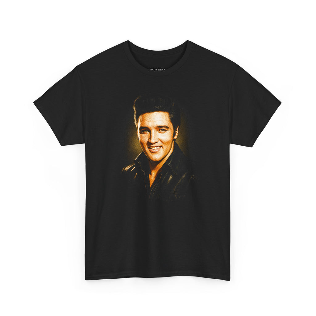 Black t-shirt with a graphic of a famous person on a white background