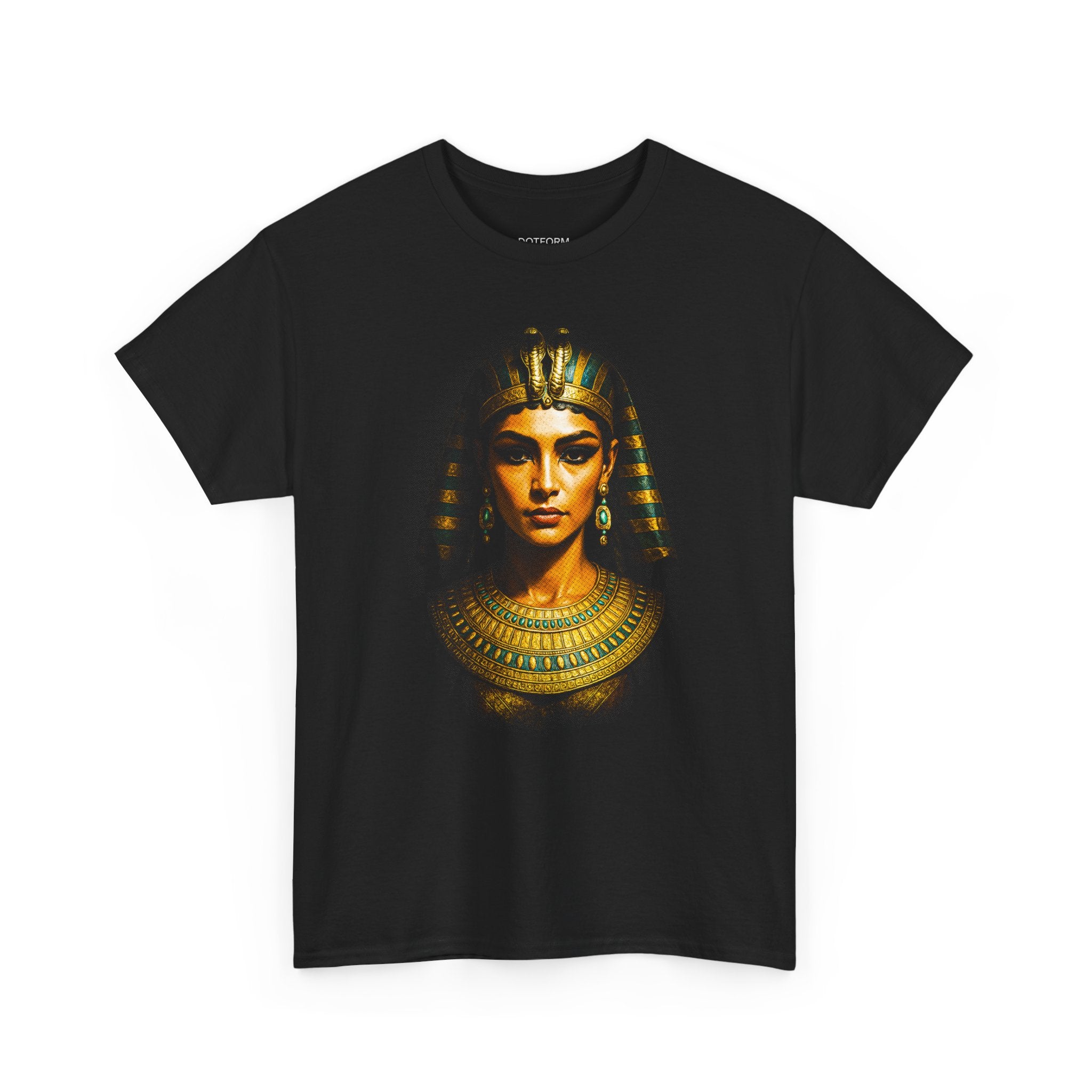 Black t-shirt with an Egyptian-themed graphic design on a white background