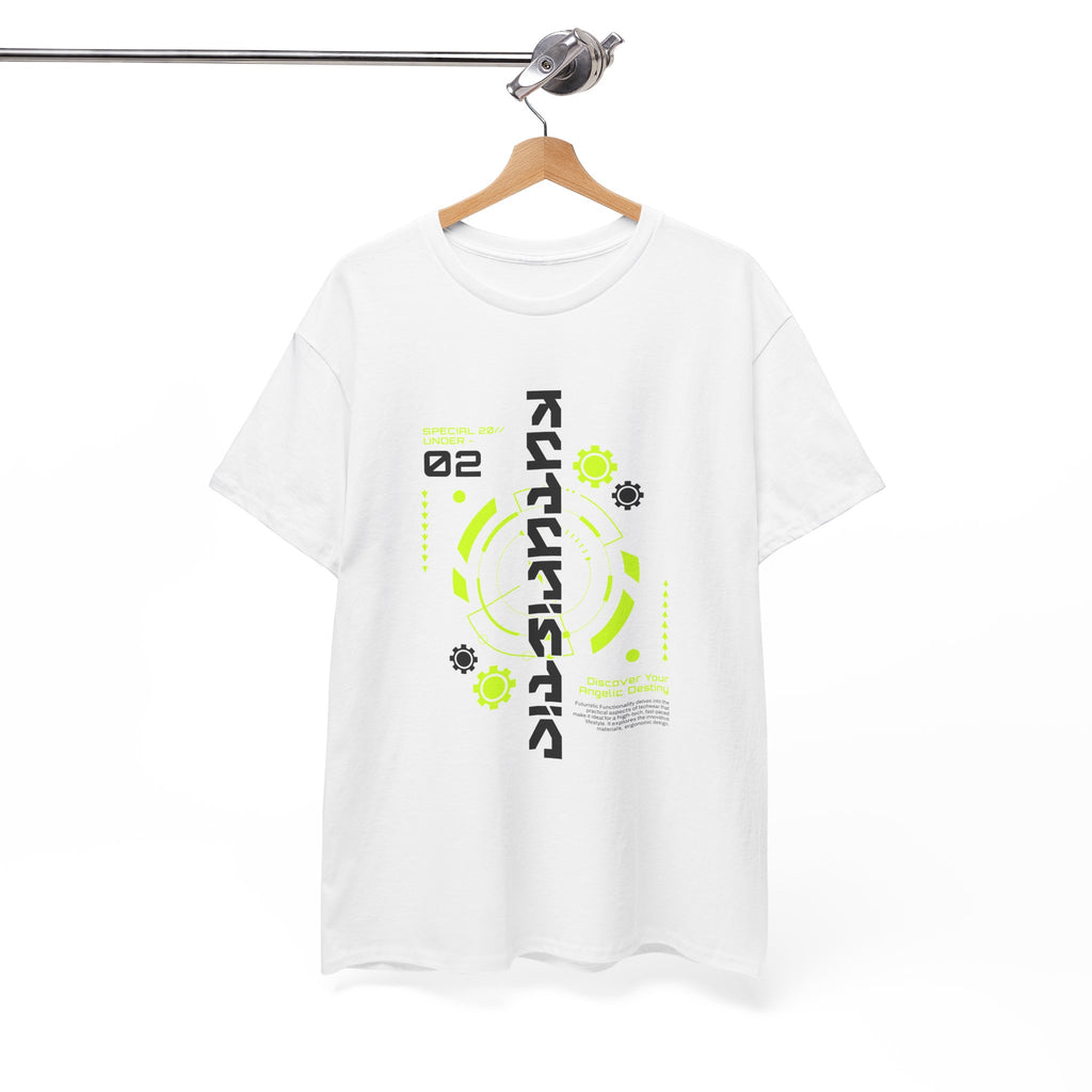 White t-shirt with black and green graphics on a hanger against a white background