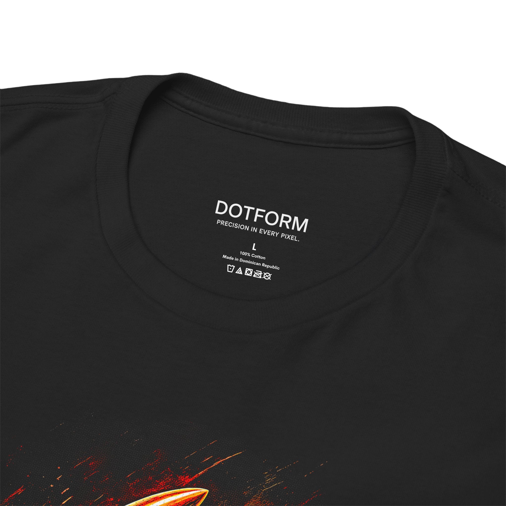 Black t-shirt with 'DOTFORM' branding on the collar area