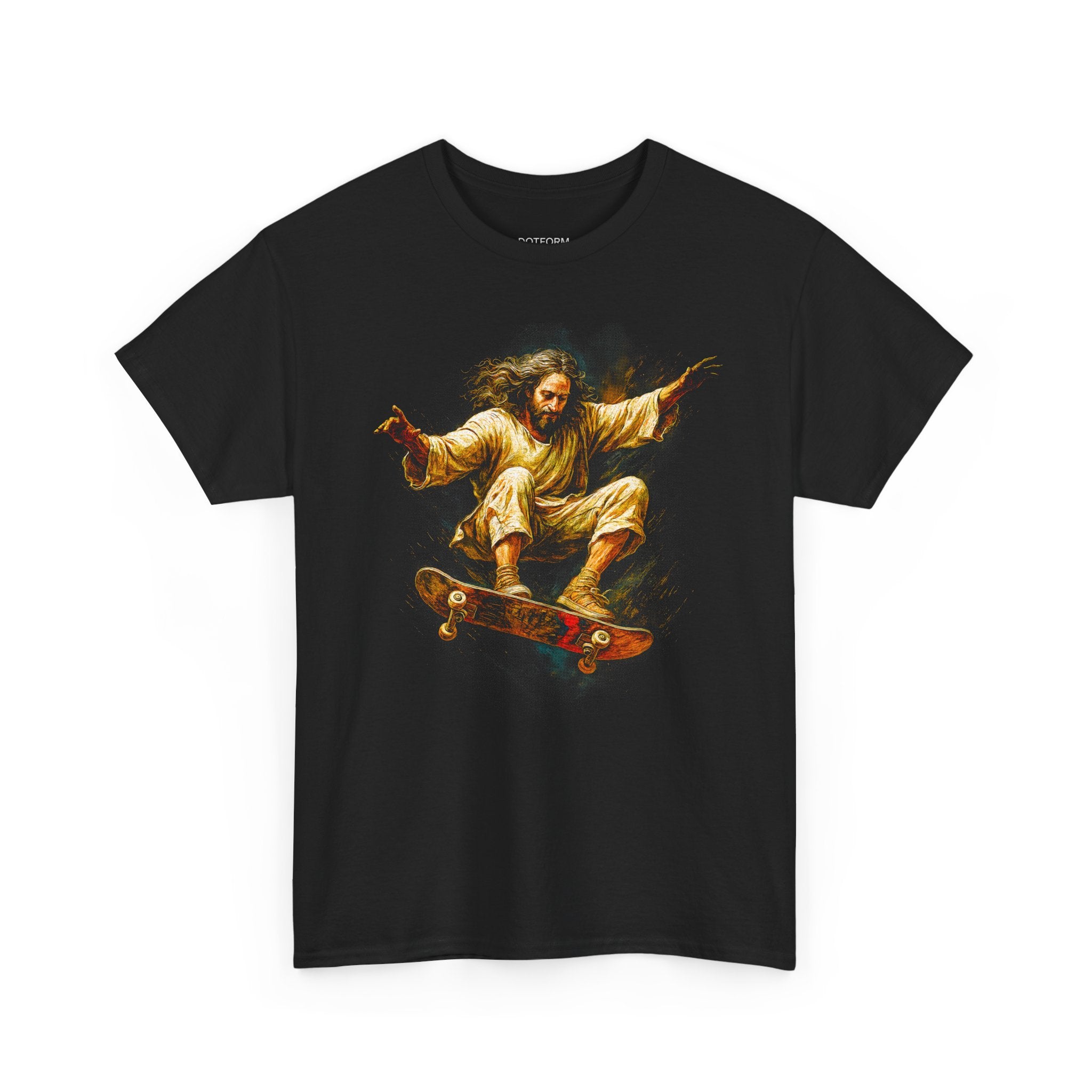 Black t-shirt with a graphic of a person skateboarding, resembling a religious figure, on a white background.