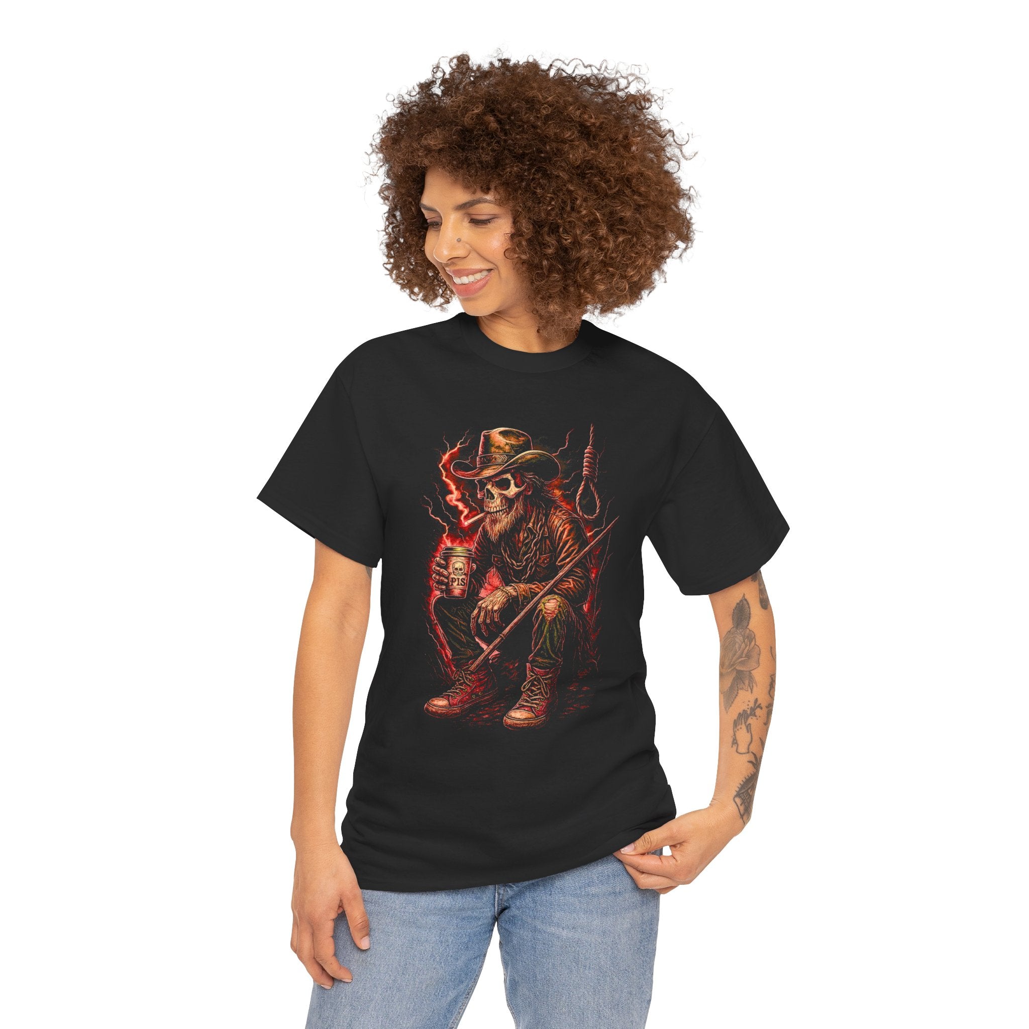 Woman wearing a black t-shirt with a graphic design of a skeleton holding a rifle and a flag.