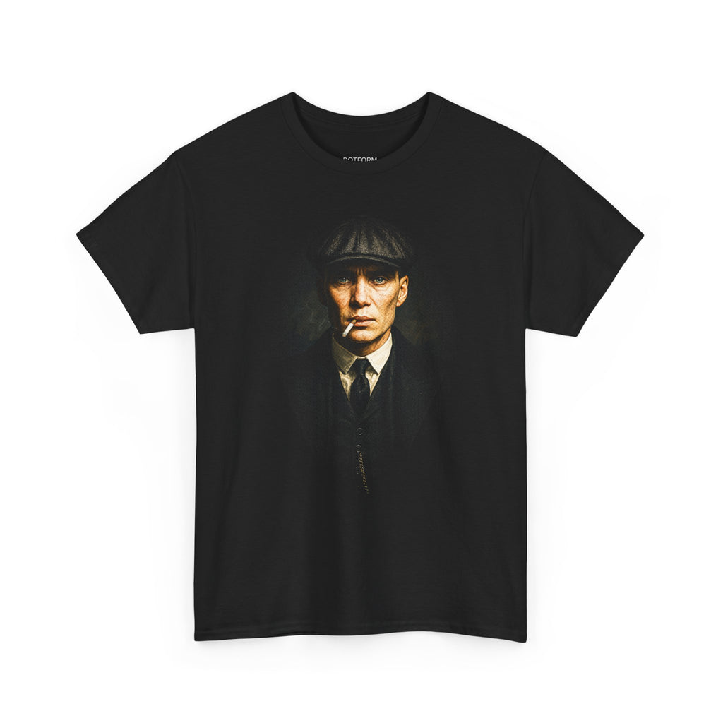 Black t-shirt with a graphic of a man wearing a cap on a white background