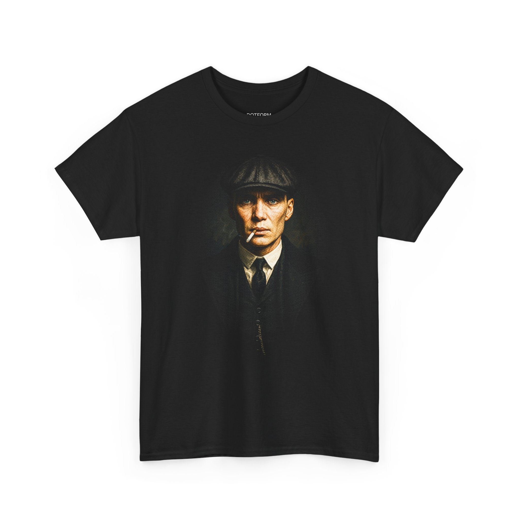 Black t-shirt with a graphic of a man wearing a cap on a white background