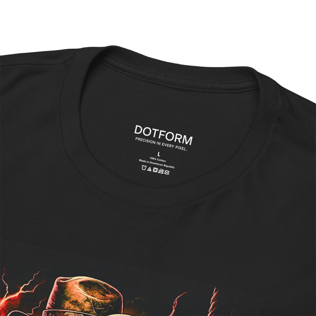 Black t-shirt with a graphic design and 'DOTFORM' branding on the label.