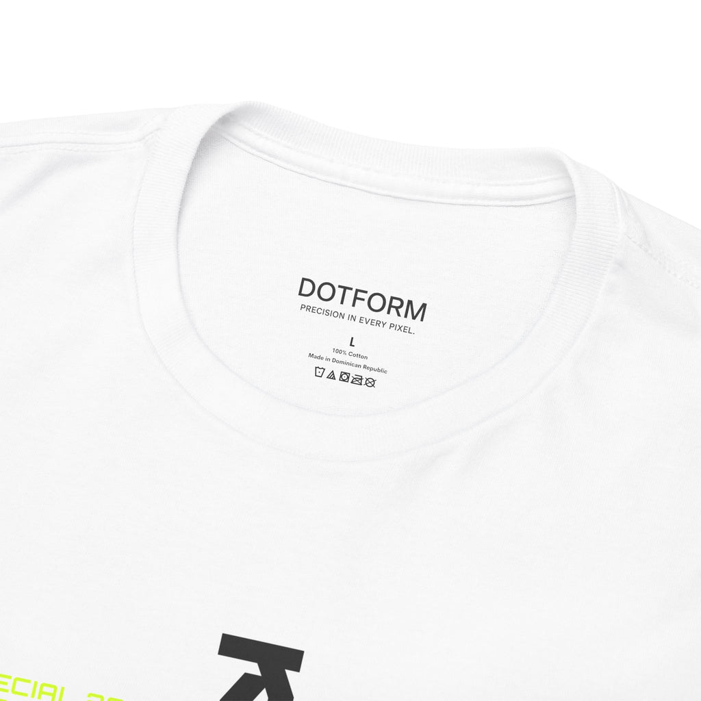 White t-shirt with 'DOTFORM' branding and text on a white background