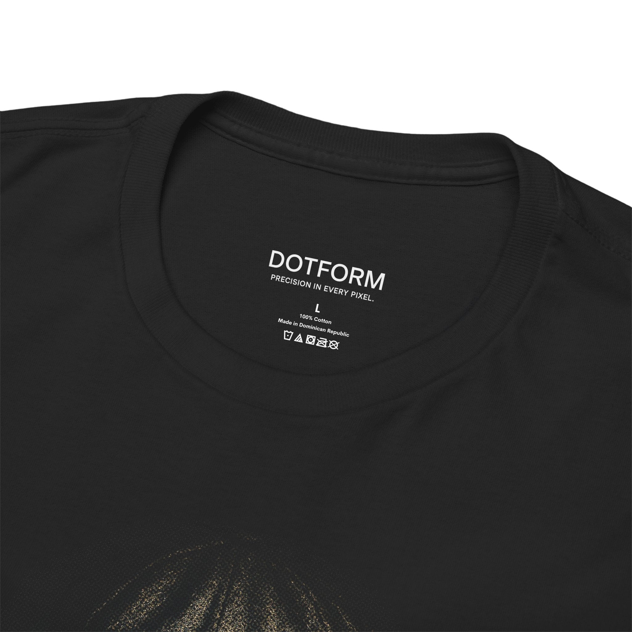 Black t-shirt with 'DOTFORM' branding on the label