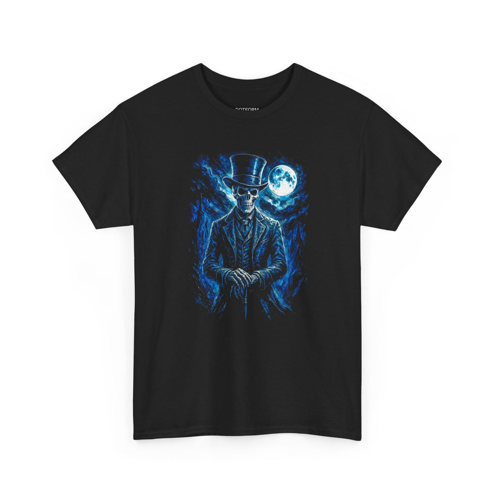 Black t-shirt with a blue skeleton design on a white background