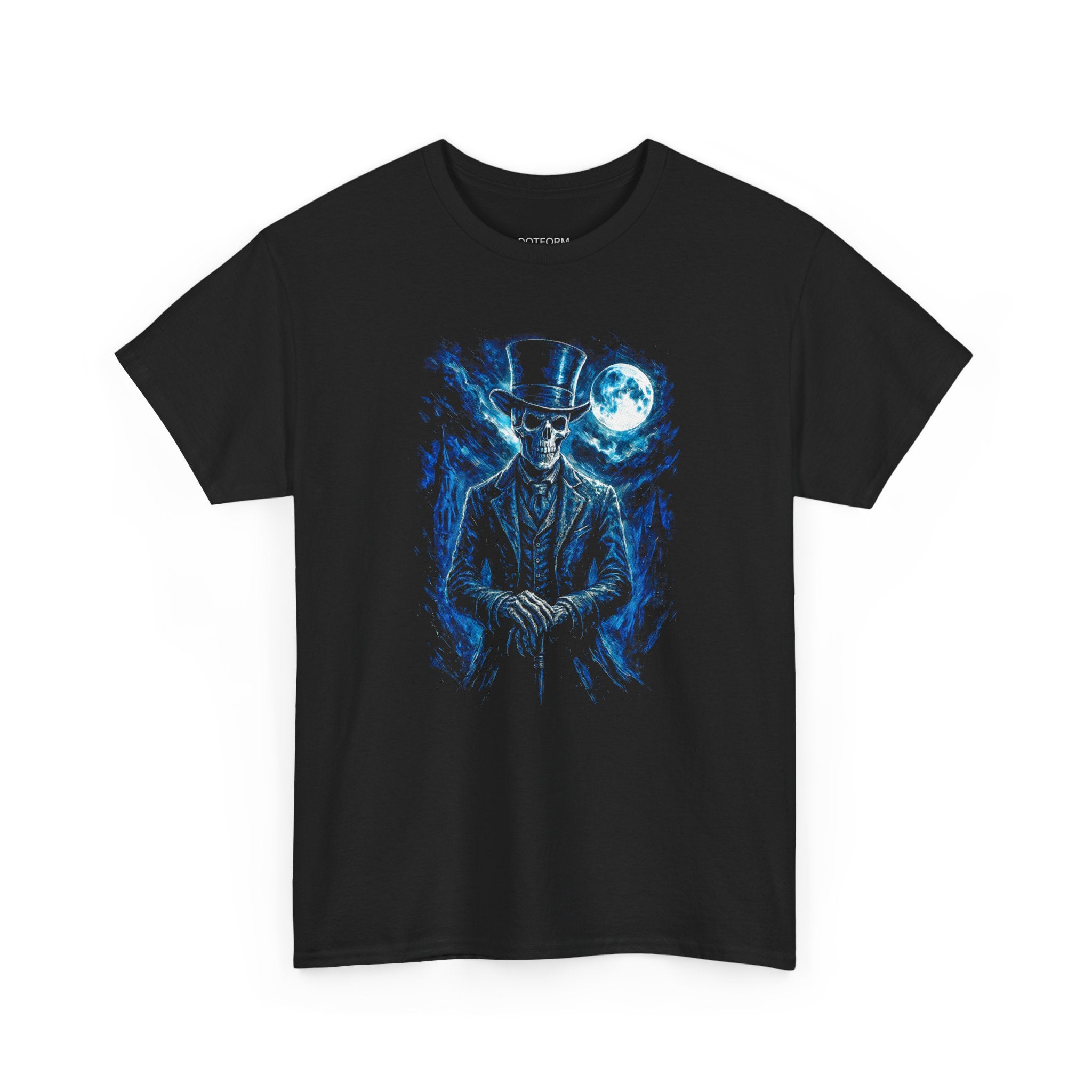 Black t-shirt with a blue skeleton design on a white background