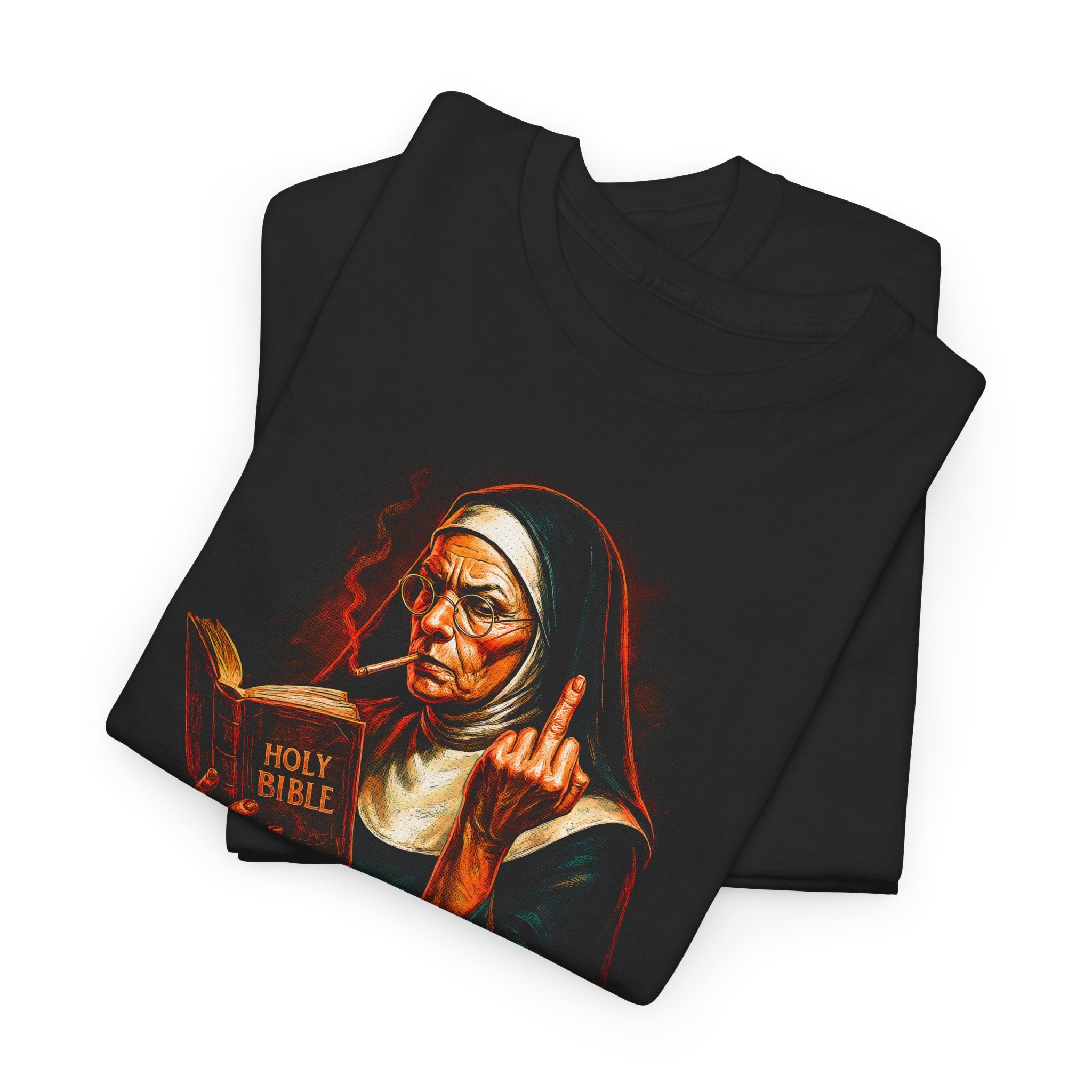 Black t-shirt with a graphic of a nun smoking from a 'Holy Bible' on a white background