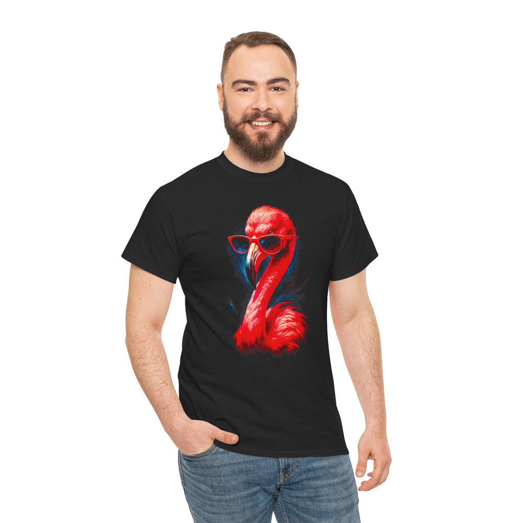 Man wearing a black t-shirt with a red flamingo graphic on a white background