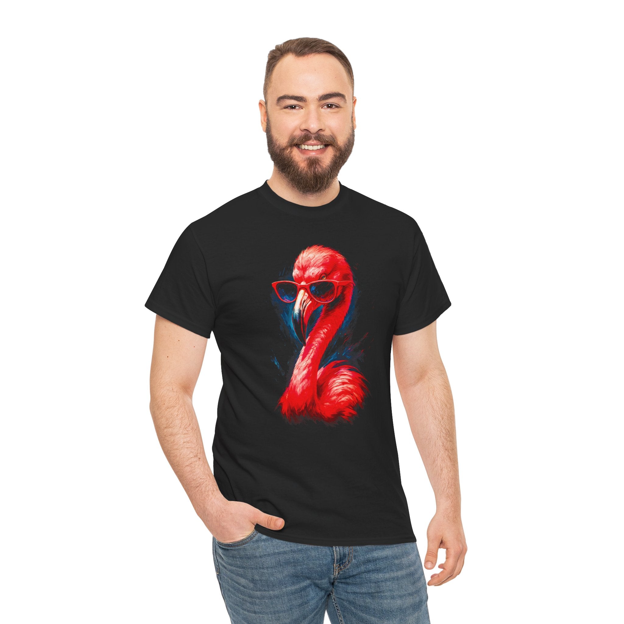 Man wearing a black t-shirt with a red flamingo graphic on a white background