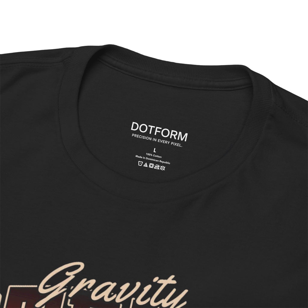 Black t-shirt with 'DOTFORM' label and 'Gravity' text on a white background