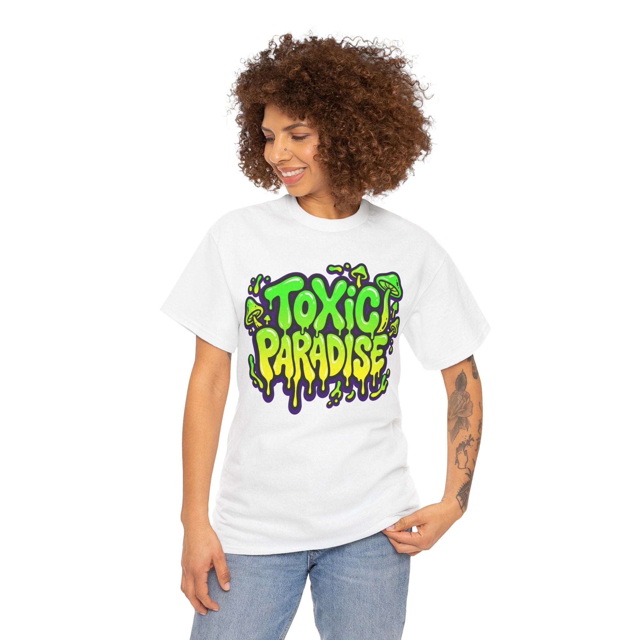 Person wearing a white t-shirt with 'Toxic Paradise' graphic design on a white background