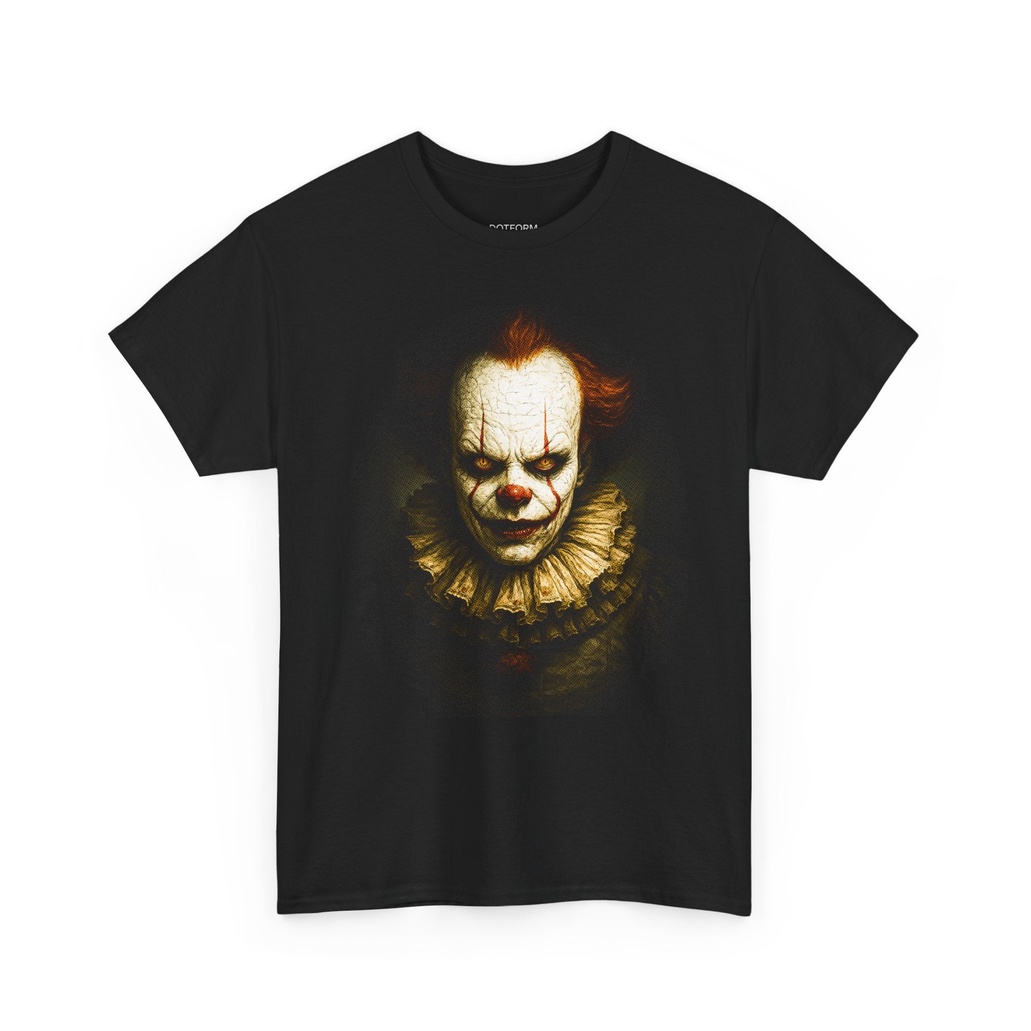 Black t-shirt with a clown graphic on a white background