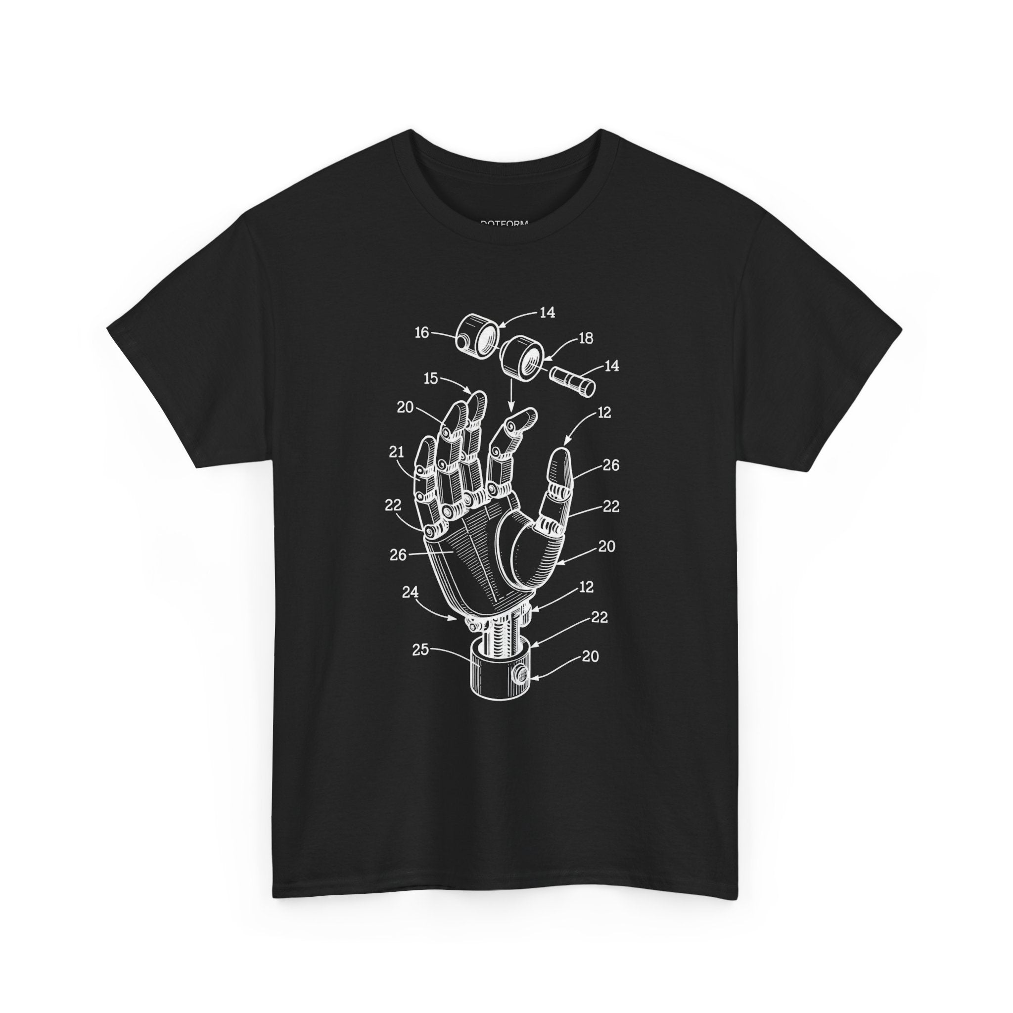 Black t-shirt with a detailed diagram of a hand on a white background