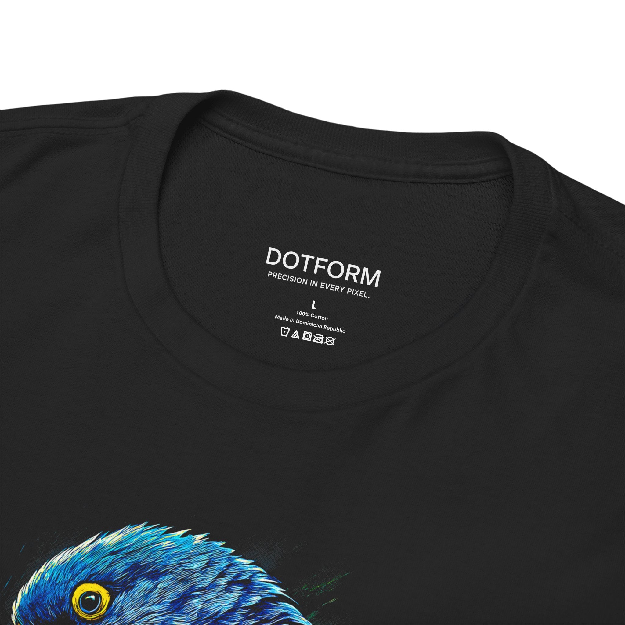 Black t-shirt with a blue parrot design and 'DOTFORM' branding on the label.