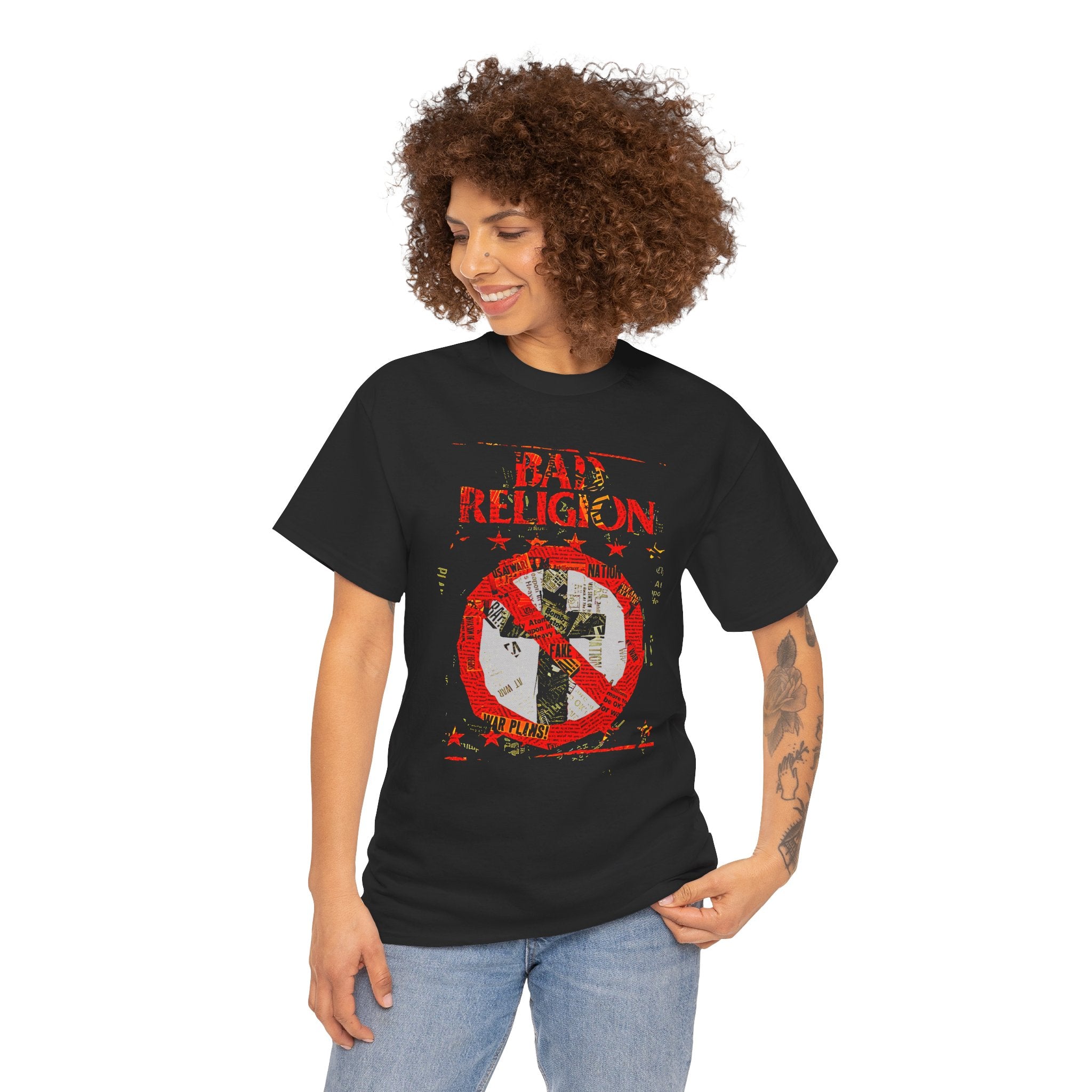 Person wearing a black 'Bad Religion' t-shirt on a white background
