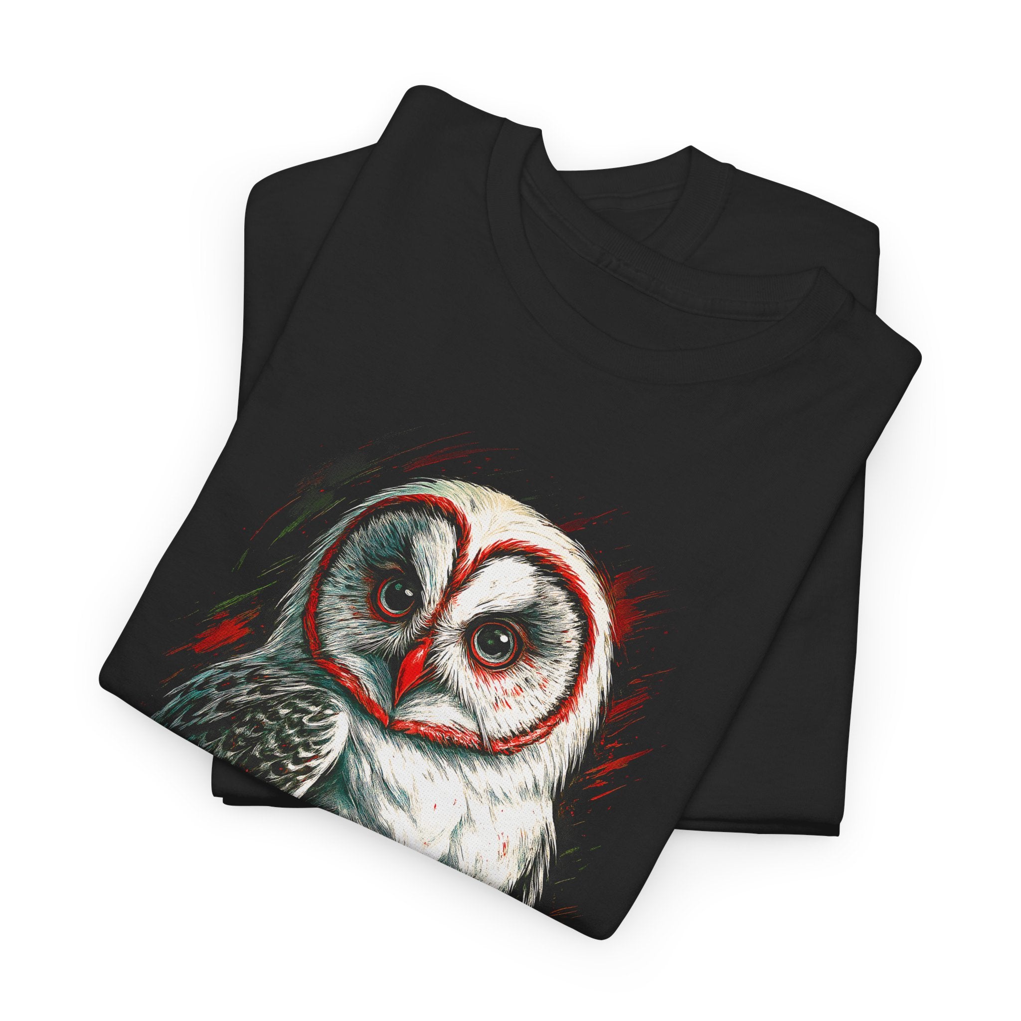 Black t-shirt with an owl design on a white background