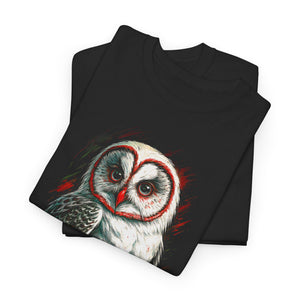 Black t-shirt with an owl design on a white background