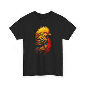Black t-shirt with a colorful bird design on a white background