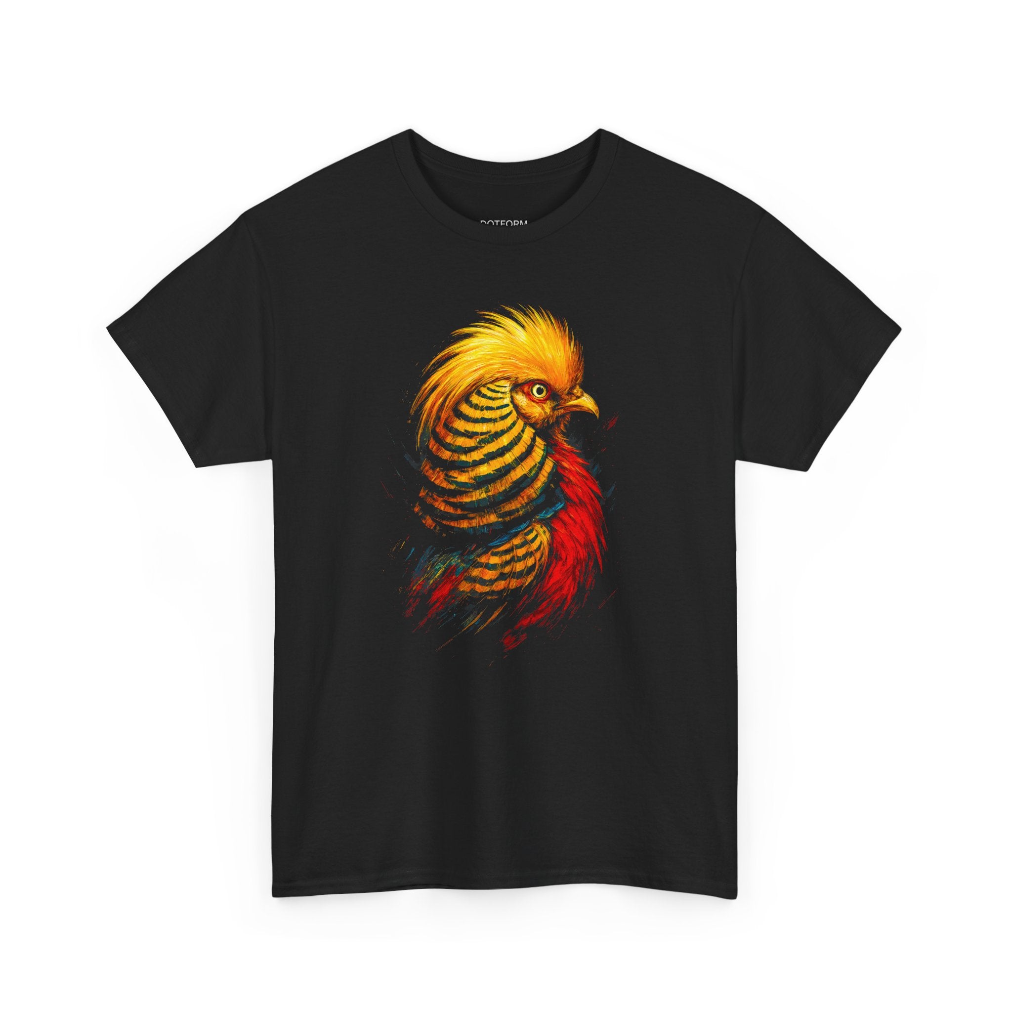 Black t-shirt with a colorful bird design on a white background