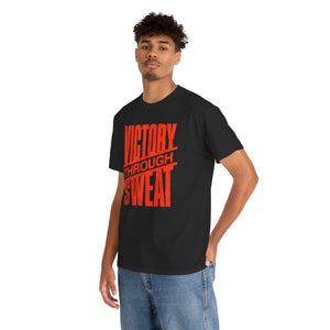 Person wearing a black t-shirt with 'Victory Through Sweat' in red text on a white background