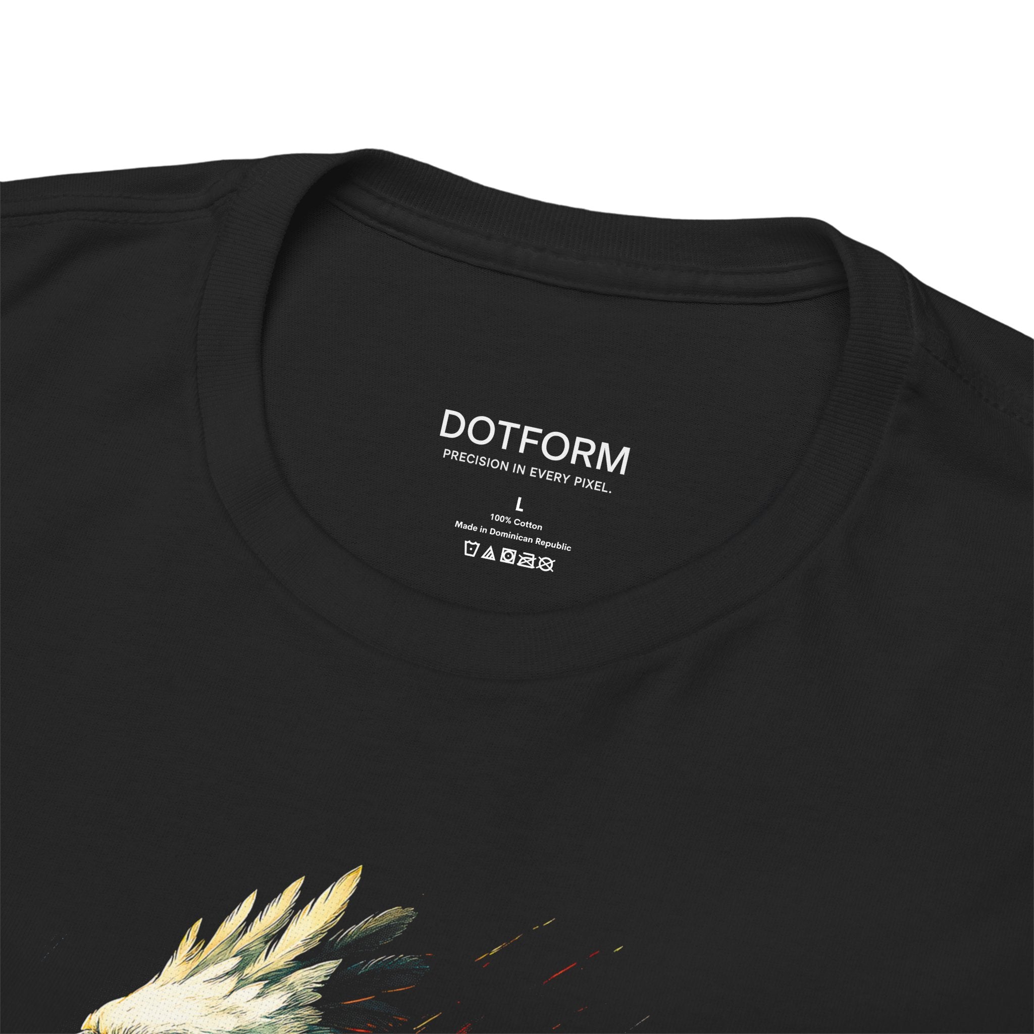 Black t-shirt with 'DOTFORM' branding on the collar and a graphic design on the sleeve.